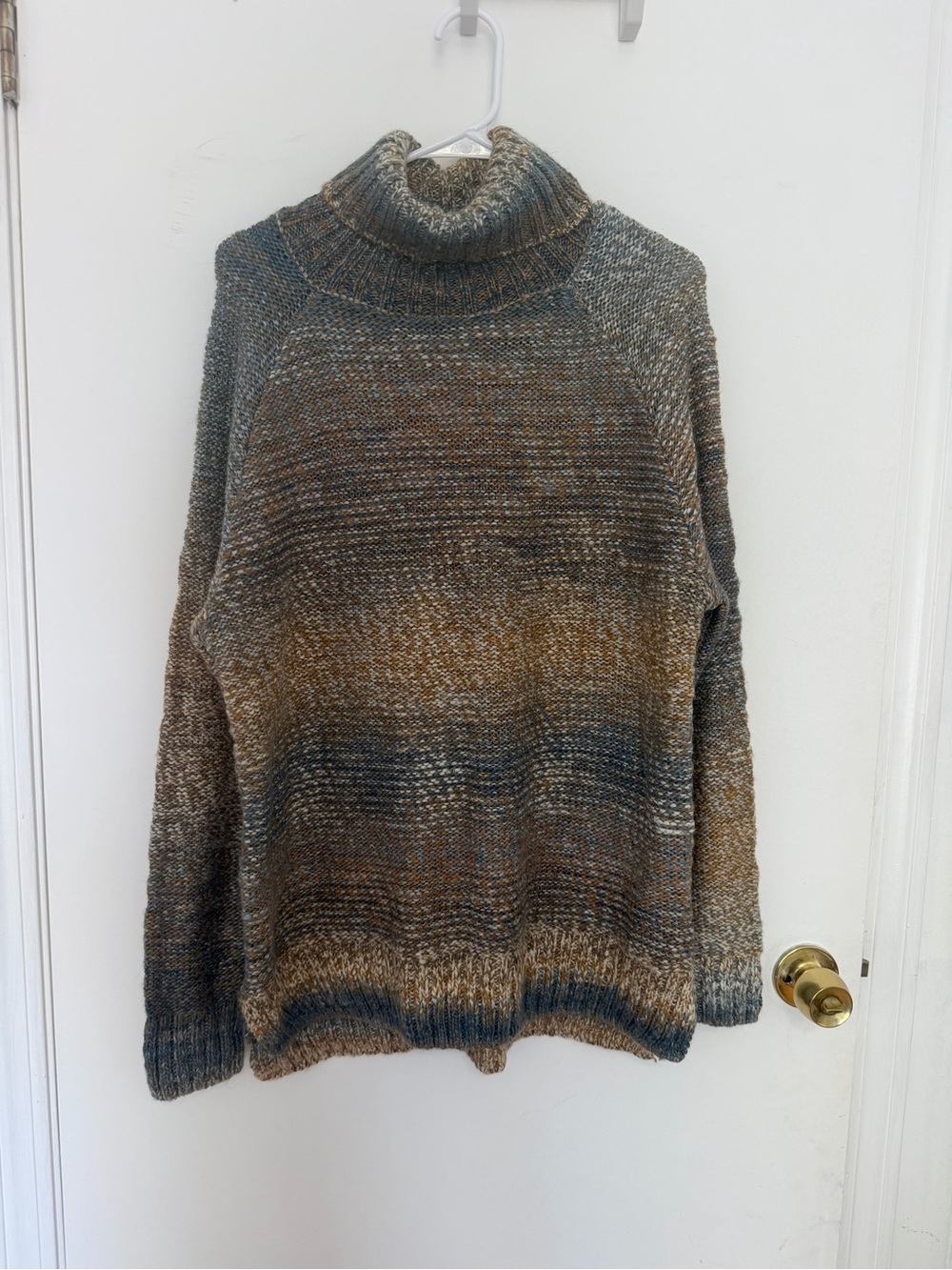 prAna Wool Blend Marled Turtleneck Sweater Women’s Large Blue Brown Chunky Knit